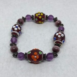 MURANO style art glass beads stretch bracelet boho layering stackable colorful